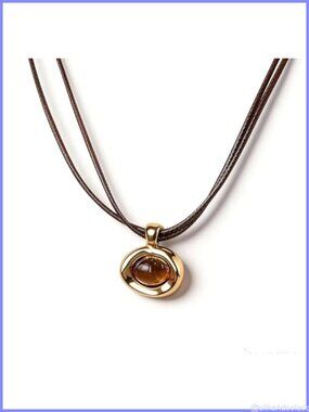 Tigers Eye Stone Pendant Necklace Leather Cord Chunky Boho Statement Jewelry